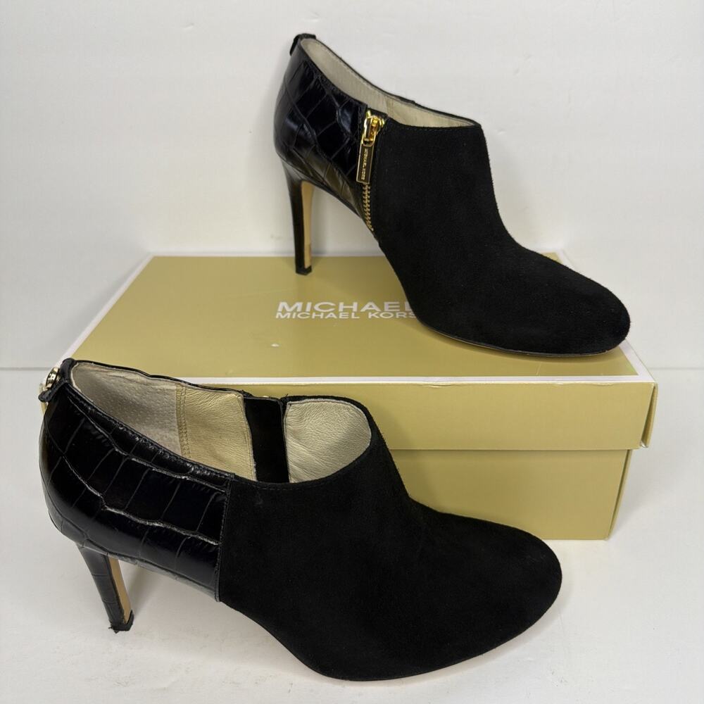 Michael Kors Sammy Ankle Boots black Suede Crocodile Leather Zip Heels 3.5" 8M